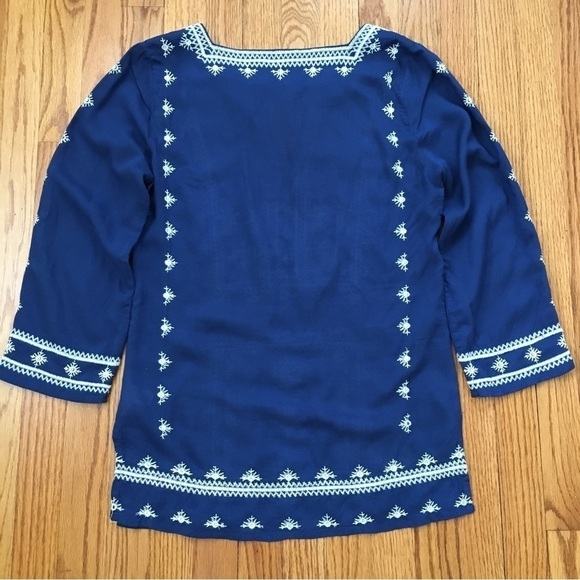Lucky Brand Boho Embroidered Navy Blue 3/4 Long Sleeve Blouse Tunic - Picture 16 of 16